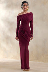 Rosirene | Burgundy Asymmetric-Neck Maxi Dress With Draped-Detailing