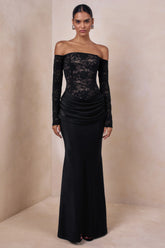 Rinna | Black Lace And Satin Bardot-Neck Maxi Dress