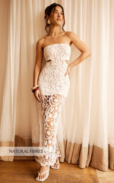 Heather Maxi Dress - Square Neck Strappy Fitted Crochet Column Dress in White