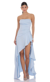 Satin High Low Maxi Dress in Light Blue