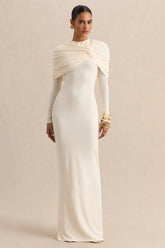 Evessa | Cream Crew-Neck Maxi Dress With Gathered-Detailing