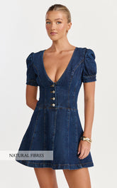 Sophie Mini Dress - Puff Sleeve V Neck Button Down Denim Dress in Dark Blue Wash