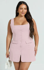 Kenna Mini Dress - Square Neck Button Down Mini Dress in Pink