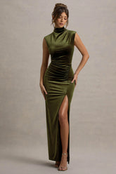 Abilene | Olive Velvet High-Neck Split Maxi Dress