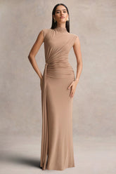 Solene | Brown High-Neck Maxi Dress With Wrap And Drape Detail