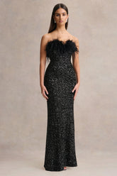 Daze | Black Sequin Bandeau Maxi Dress With Feather-Trim