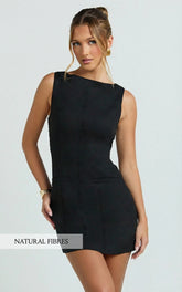 Kyle Mini Dress - Boat Neck Fitted Dress in Black