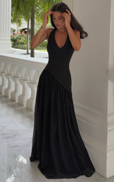 Calla Maxi Dress - Halter Neck Asymmetric Dropped Waist Dress in Black