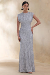 Aurah | Silver Sequin Crew-Neck Maxi Dress With Cap Sleeves