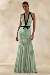 Cosmina | Mint Plunge-Neck Maxi Dress With Bow-Detail