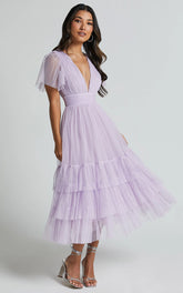 Jiraye Midi Dress - Flutter Sleeve Tuelle Plunge Dress in Lilac