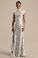 Cecy | Silver Sequin High-Neck Maxi Dress With Cap Sleeves