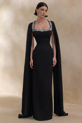 Glossy | Black Woven Square-Neck Maxi Dress With Cape Sleeves and Hand-Embellished Detail
