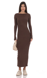 Ribbed Open Back Maxi Dress in Brown