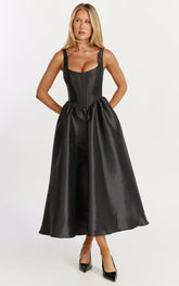 Courtney Midi Dress - Corset Panel Low Back Dress in Black