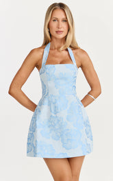 Gabbie Mini Dress - Jacquard Halter Fit And Flare Dress in Blue