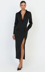 Henley Midi Dress - Long Sleeve Fitted Shirt Dress in Black