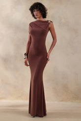 Blaire | Brown Asymmetric-Neck Maxi Dress With Gold-Detailing