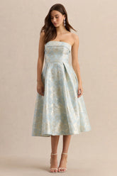 Tori | Powder Blue Jacquard Bandeau Skater Midi Dress