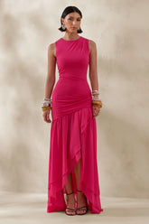 Noelia | Hot Pink High-Neck Maxi Dress With Ruffled Detailing