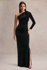 Farryn | Black Asymmetric-Neck Maxi Dress With Bow Detail