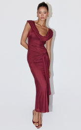 Zena Midi Dress - Cowl Neck Tie Detail Dress in Wine