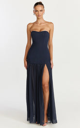 Jocelyn Maxi Dress - Strapless Ruched Fit And Flare Dress in Navy