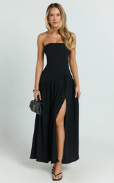 Nadiane Midi Dress - Strapless Asymmetric Drop Waist Dress in Black