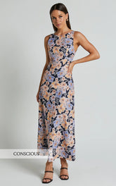 Jenibelle Midi Dress - Boat Neck Open Back Sleeveless Bias Cut Slip Dress in Mellow Floral