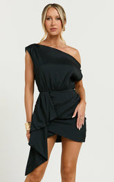 Niana Mini Dress - Drape One Shoulder Dress in Black