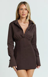 Gino Mini Dress - Collared Button Down Corset Waist Shirt Dress in Chocolate