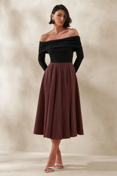 Frederica | Black And Brown Bardot-Neck Midi Dress
