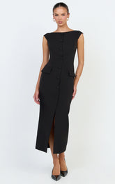 Calista Midi Dress - Boat Neck Button Down Pencil Dress in Black
