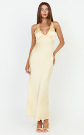 Khalani Maxi Dress - Deep V Neck Satin Slip Dress in Butter Yellow