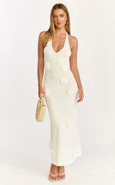 Elodie Maxi Dress - Halter 3D Floral Knit Dress in Cream