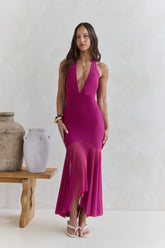 No Reason Mesh Halter Maxi Dress Plum