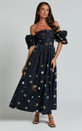 Brianna Midi Dress - Off Shoulder Dress in Black Print