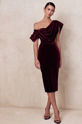 High End | Burgundy Velvet Asymmetric-Neck Midi Dress With Draped Detailing