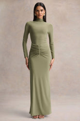 Persis | Olive High-Neck Maxi Dress With Gathered Detailing