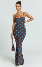 Krishna Maxi Dress - Strappy Scoop Neck Floral Placement Print Georgette Dress in Polka Dot Print