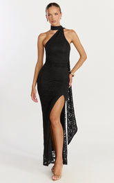 Isla Maxi Dress - One Shoulder Scarf Tie Neck Lace Dress in Black