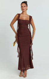 Rosha Midi Dress - Ruffle Strap Dress in Chocolate