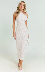 Sally Midi Dress - Stretch Lace Twist Off Shoulder Dress in White