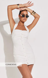 Ricki Mini Dress - Linen Halter Neck Shift Dress in White