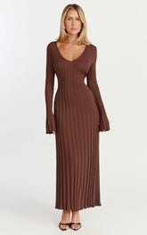 Astra Maxi Dress - V Neck Long Sleeve Knit Dress in Chocolate