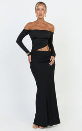 Tallulah Maxi Dress - Off Shoulder Long Sleeve Side Ruched Cut Out Dress in Black