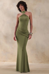 Polina | Olive High-Neck Maxi Dress With Drape And Gold-Detail