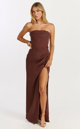 Tara Maxi Dress - Strapless Corset Drape Skirt Dress in Chocolate