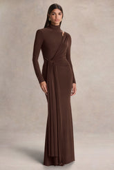 Alastrina | Brown High-Neck Maxi Dress With Gathered-Detailing