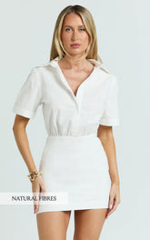 Muriel Mini Dress - Blouson Linen Blend Shirt Dress in Off White